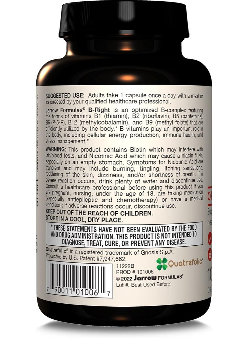 Jarrow Formulas B-Right Optimized B-Complex, Dietary Supplement for Cellular Energy, Immune Health and Stress Management Support, 100 Veggie Capsules, 100 Day Supply - Image 2